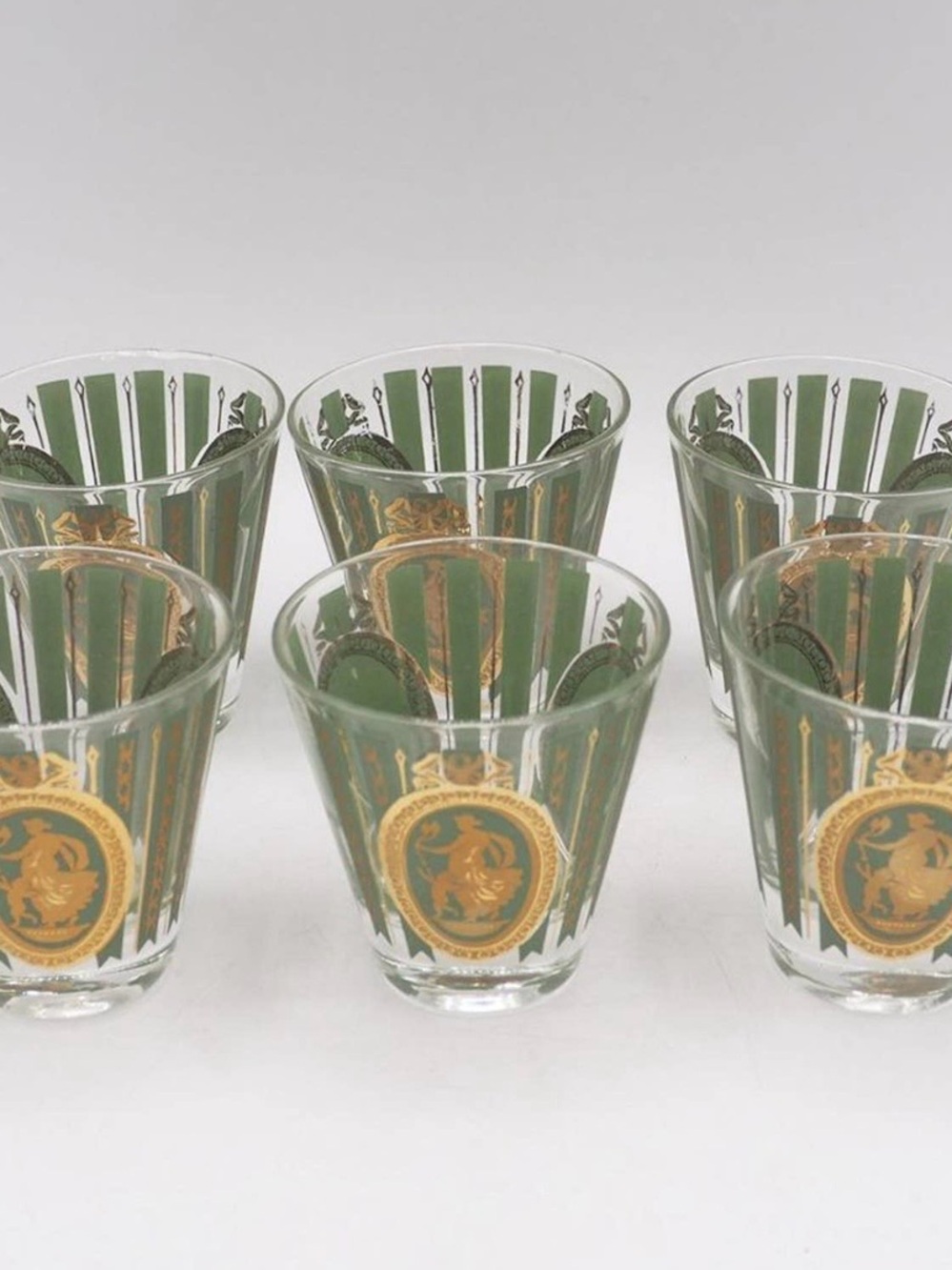 CERA Lot of 6 Athena & Cupid Green & Gold Double Shot Glasses